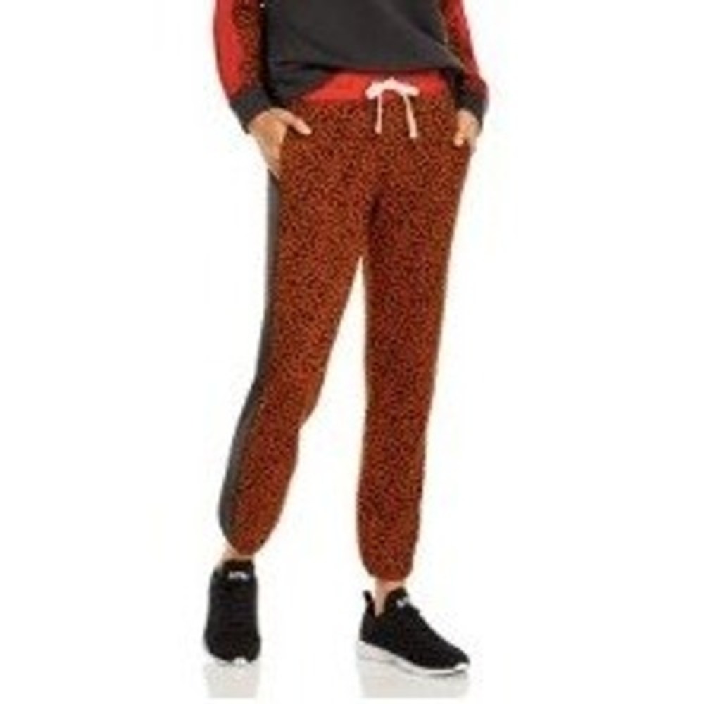 Monrow Leopard Print Sweatpants Red Waistband Drawstring Elastic Cuff XS